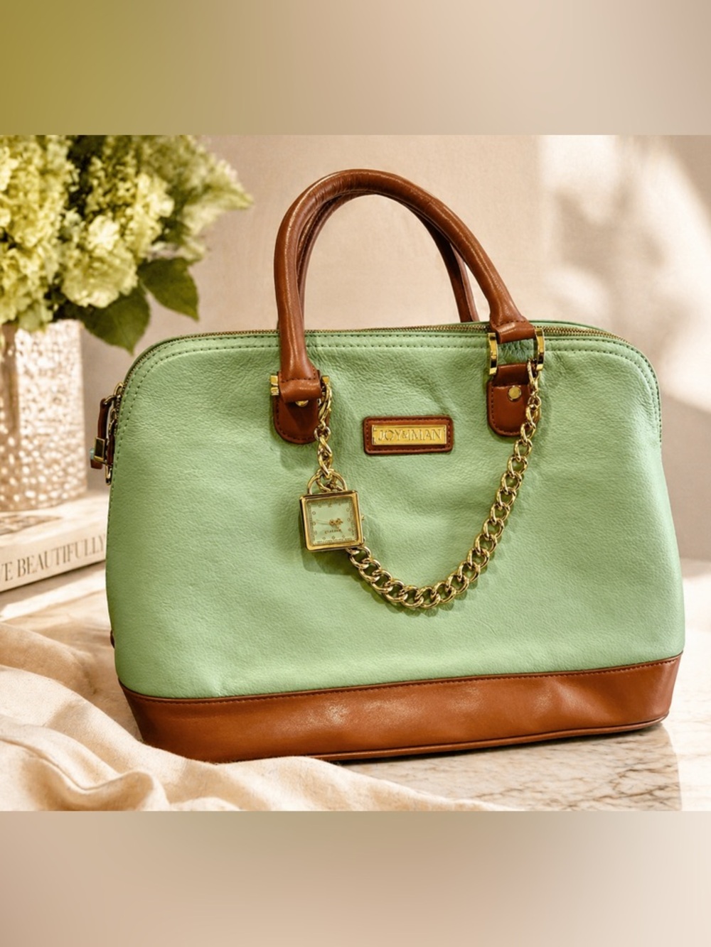 Mint Green Structured Satchel Tote w Organizer Interior Work Bag Joy & Iman